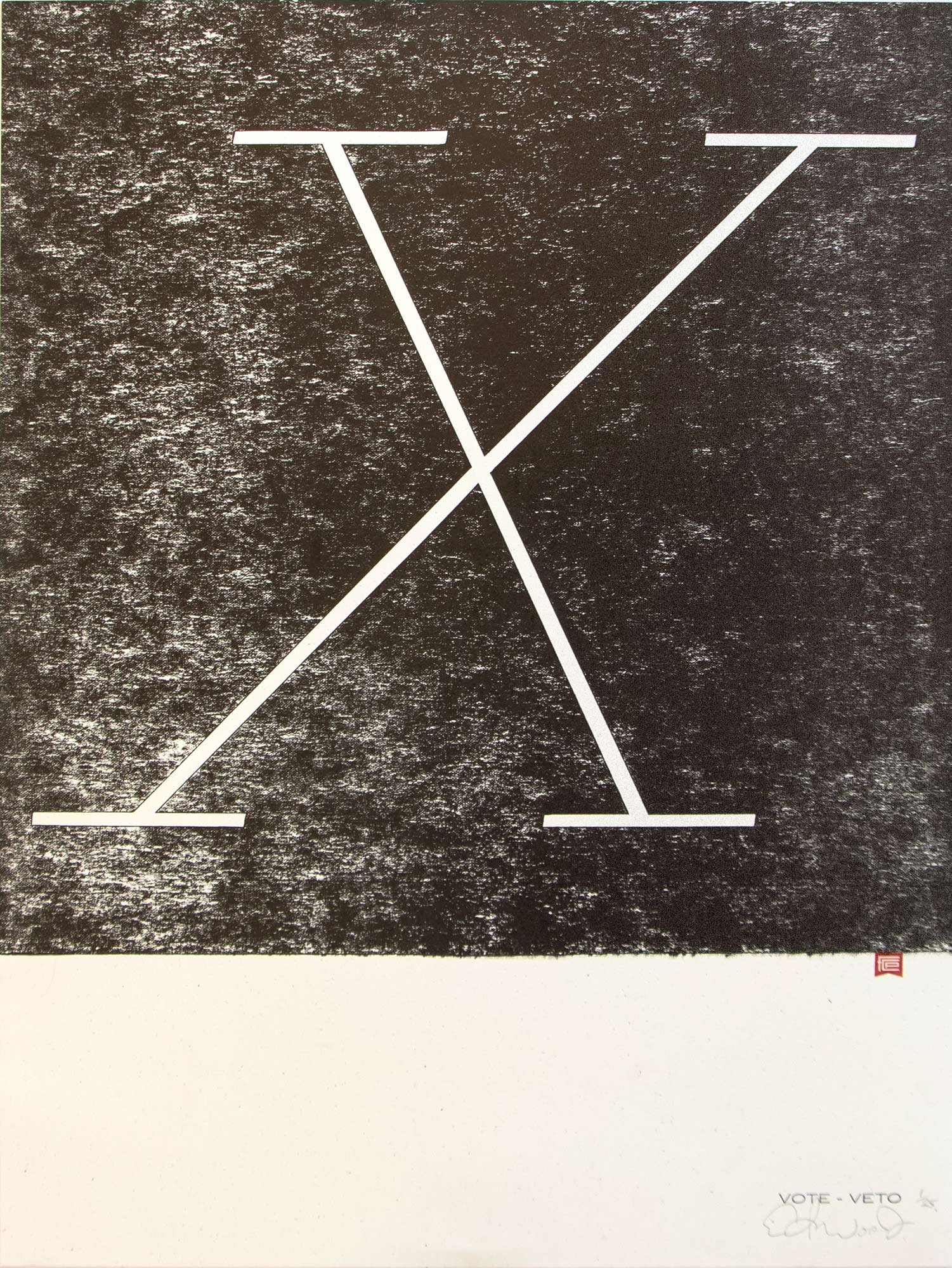 “Vote/Veto - a suicide letterpress edition, where the printing block destroys itself in the act of printing, creating an evolving image as a result.”